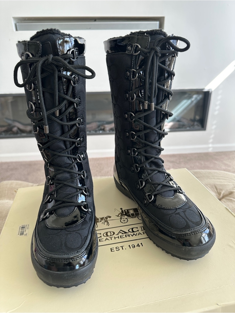 Coach Black Lace-Up Tall Signature Combat Boots